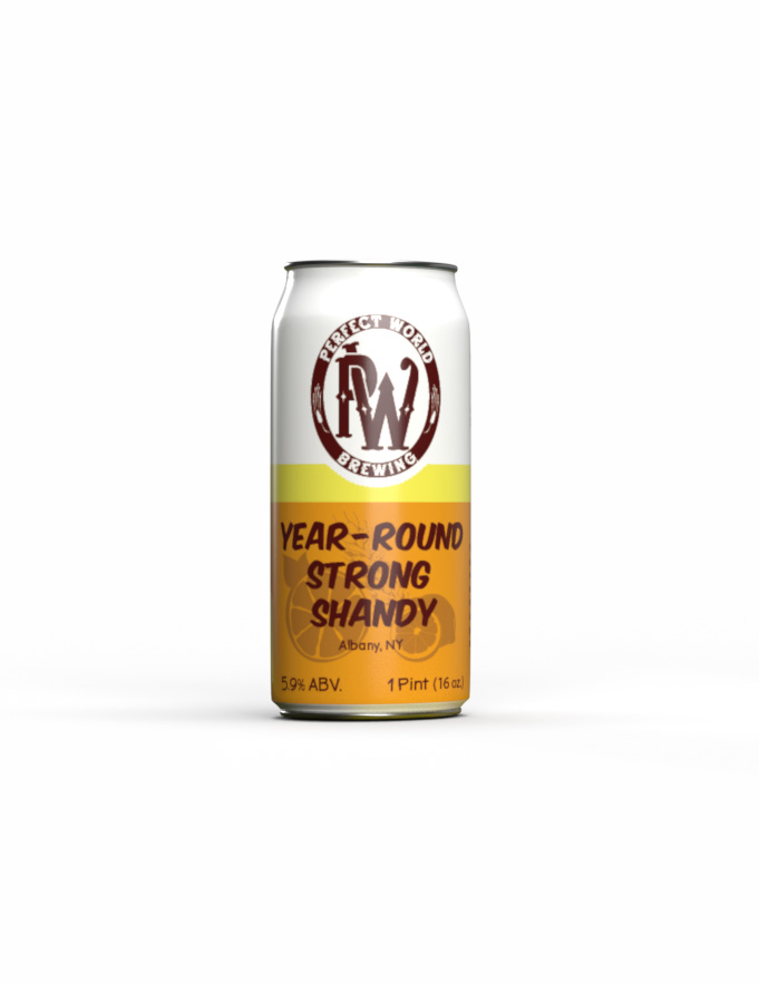 A can of Perfect World Brewing's Year-Round Strong Shandy.